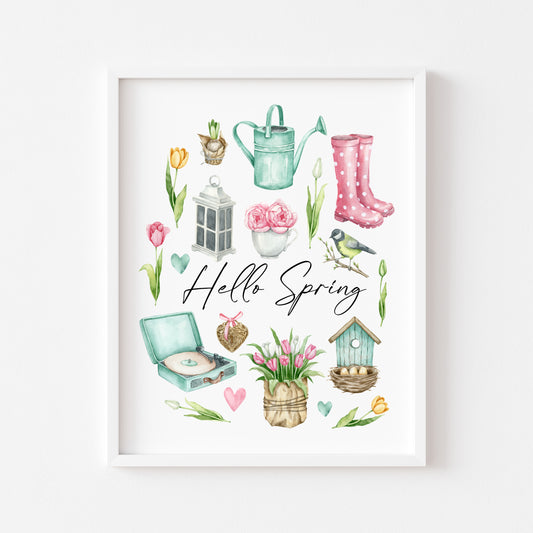 Hello Spring favourites green, pink, purple watercolour seasonal home bedroom unframed wall art poster print