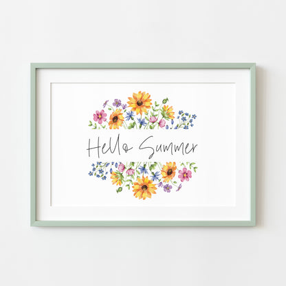 Hello Summer wildflower multicolour flower floral bouquet wreath landscape seasonal home unframed wall art poster print
