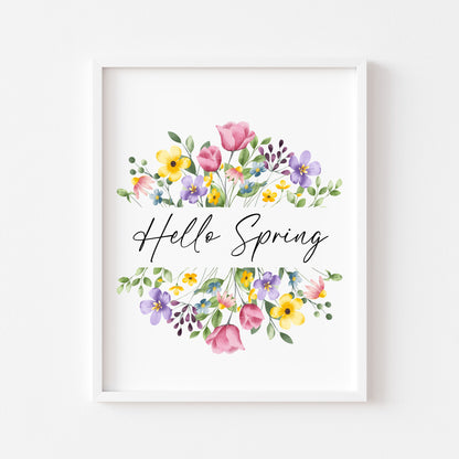 Hello Spring Watercolour floral Wreath Print Wall Art (unframed)