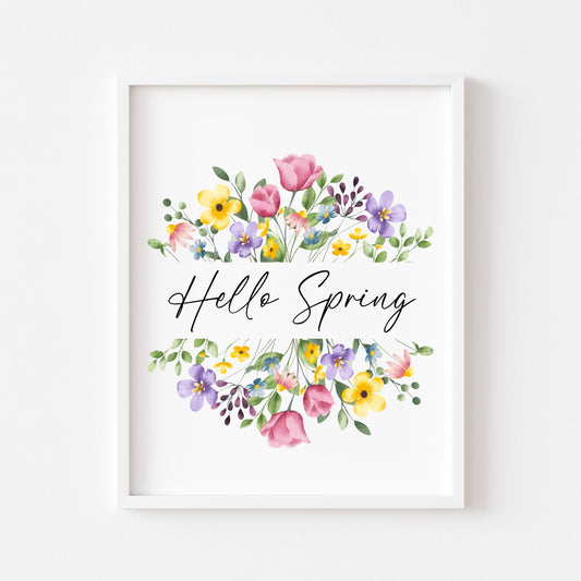 Hello Spring Watercolour floral Wreath Print Wall Art (unframed)