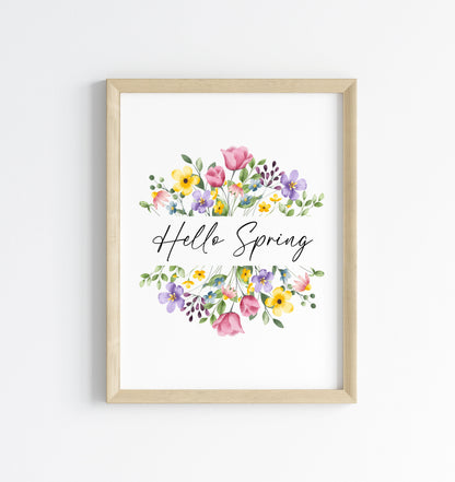 Hello Spring Watercolour floral Wreath Print Wall Art (unframed)