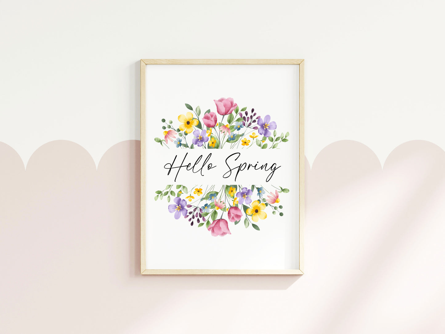 Hello Spring Watercolour floral Wreath Print Wall Art (unframed)