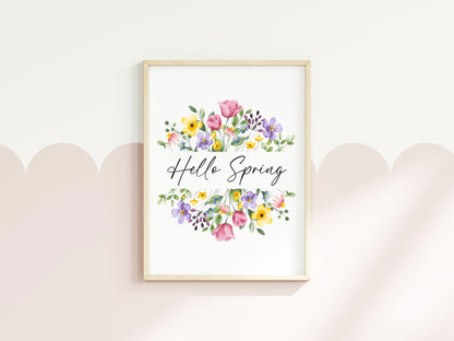 Hello Spring Watercolour floral Wreath Print Wall Art (unframed)
