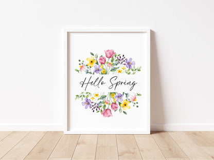 Hello Spring Watercolour floral Wreath Print Wall Art (unframed)
