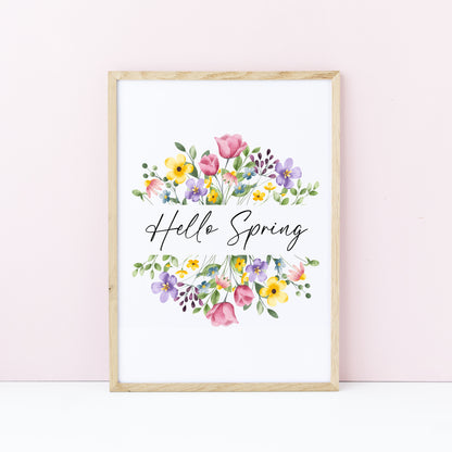 Hello Spring Watercolour floral Wreath Print Wall Art (unframed)