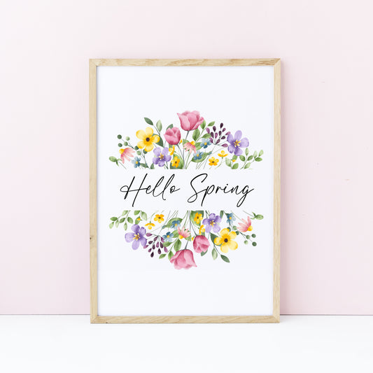 Hello Spring Watercolour floral Wreath Print Wall Art (unframed)