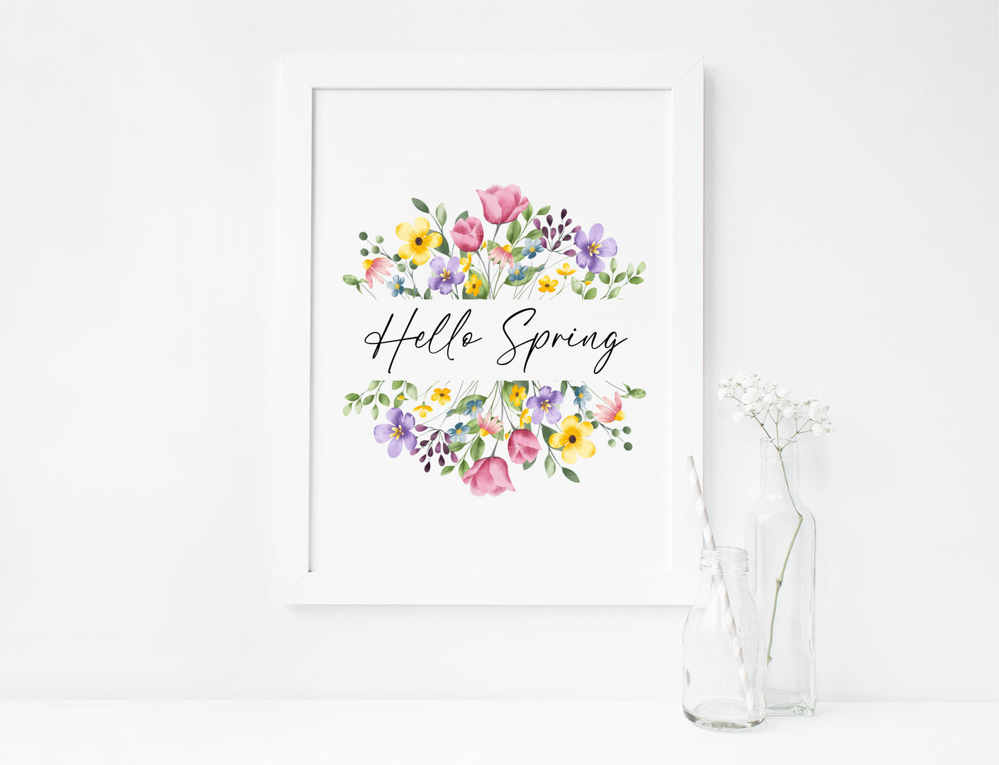 Hello Spring Watercolour floral Wreath Print Wall Art (unframed)