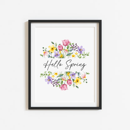 Hello Spring Watercolour floral Wreath Print Wall Art (unframed)