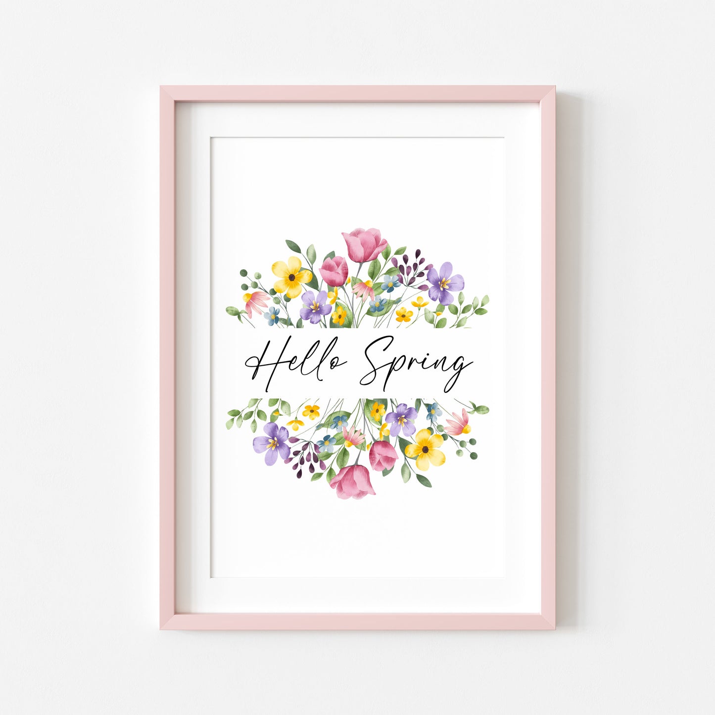Hello Spring Watercolour floral Wreath Print Wall Art (unframed)