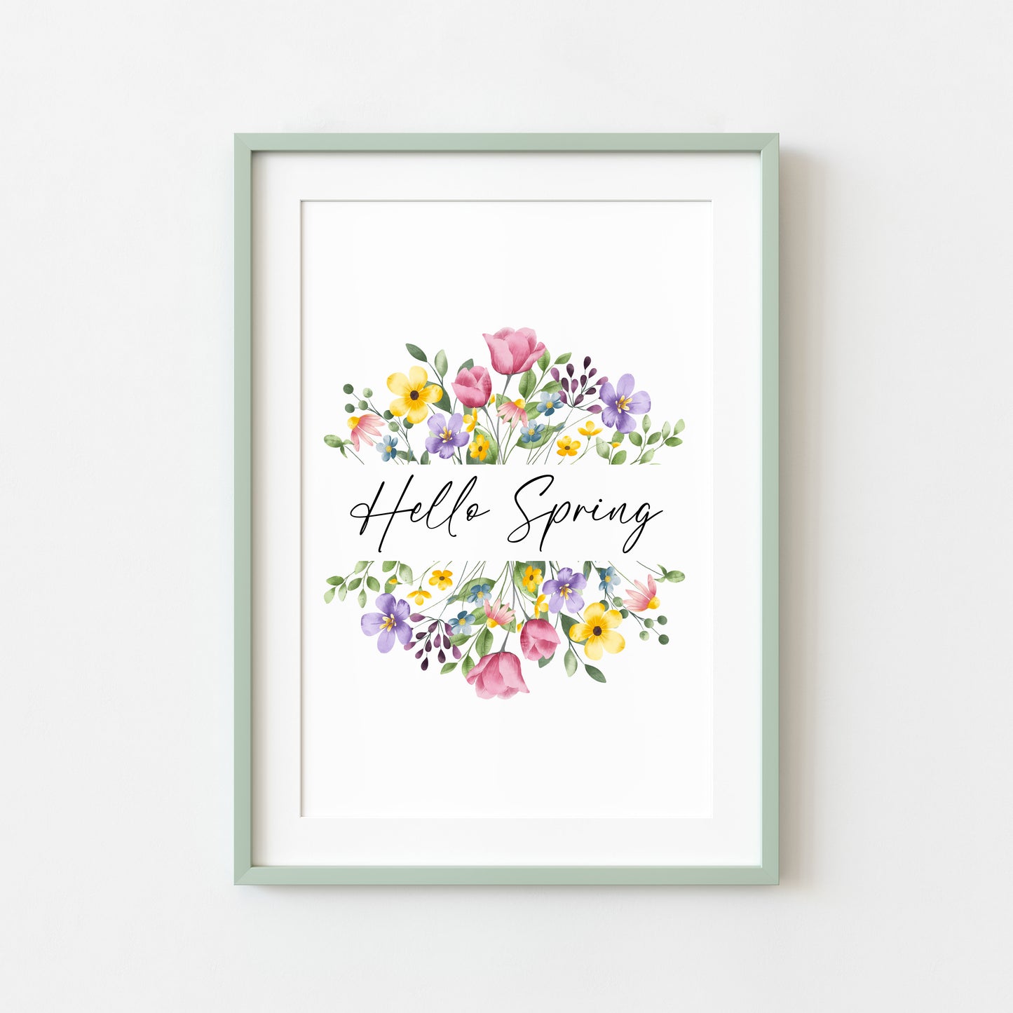 Hello Spring Watercolour floral Wreath Print Wall Art (unframed)