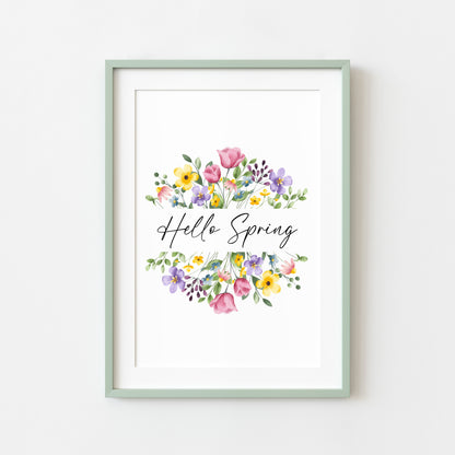Hello Spring Watercolour floral Wreath Print Wall Art (unframed)