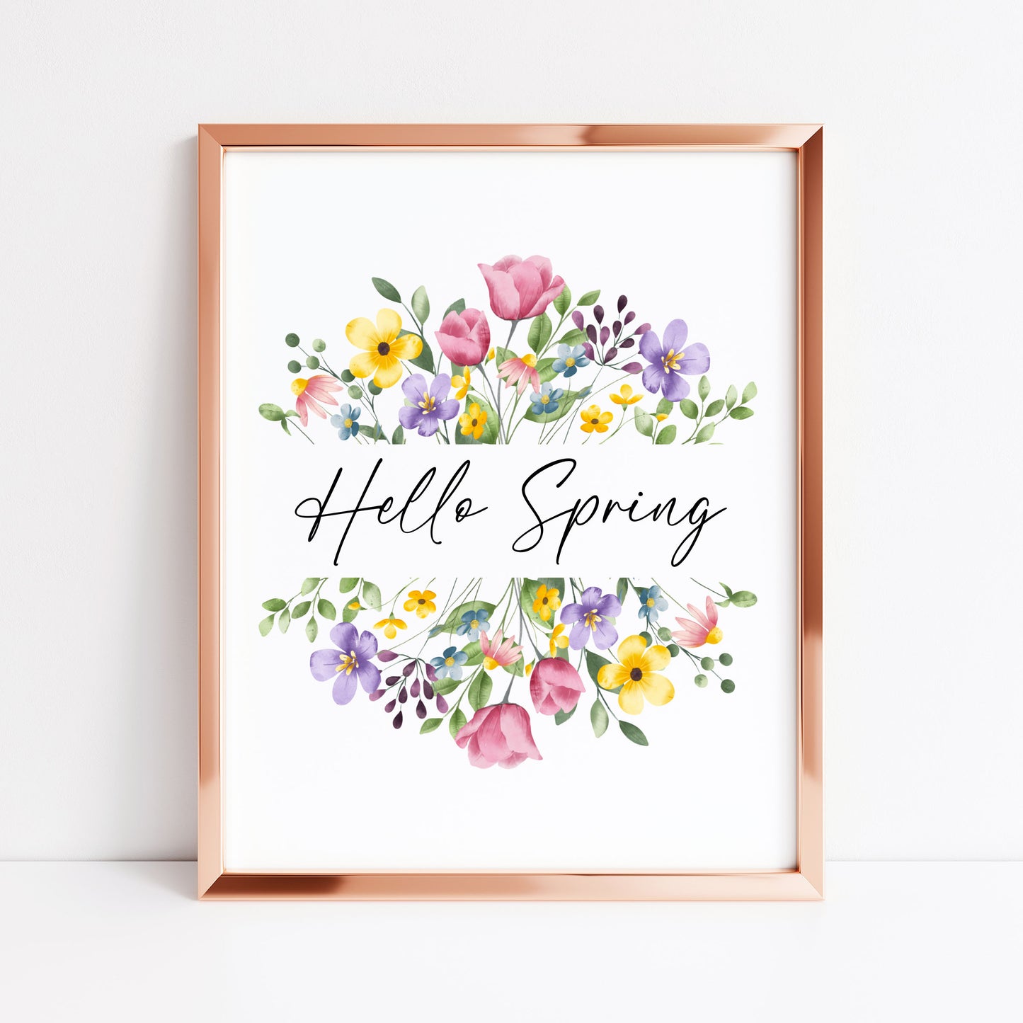 Hello Spring Watercolour floral Wreath Print Wall Art (unframed)