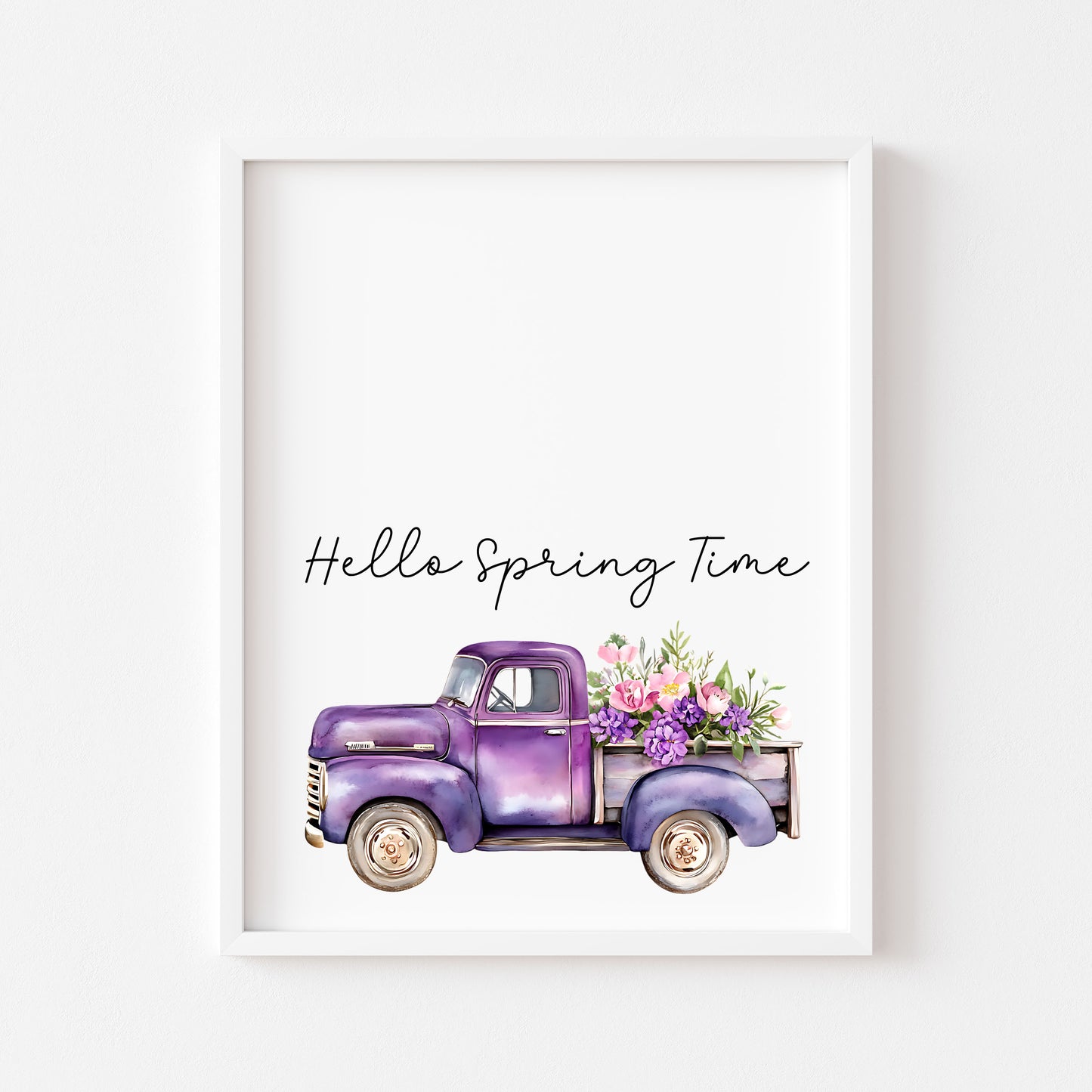Spring Print, Purple lilac floral truck hello spring Seasonal Illustration (unframed)
