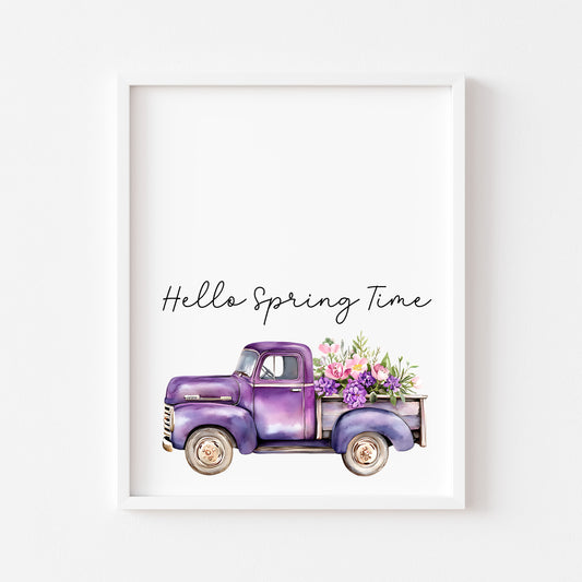 Spring Print, Purple lilac floral truck hello spring Seasonal Illustration (unframed)
