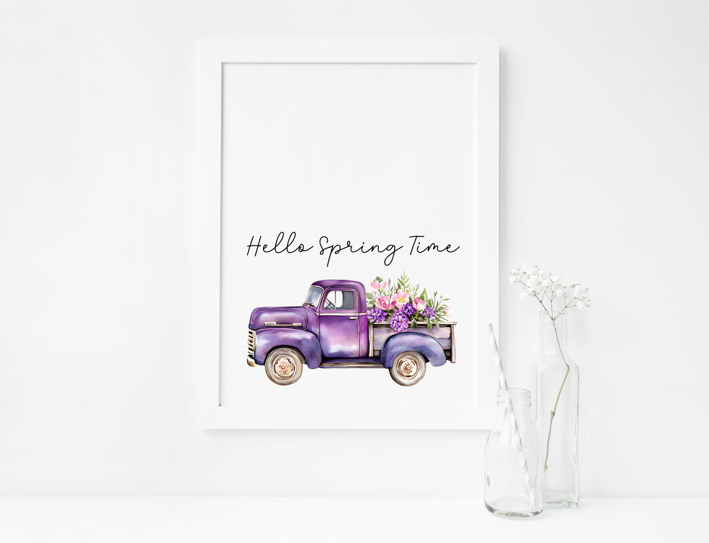Spring Print, Purple lilac floral truck hello spring Seasonal Illustration (unframed)