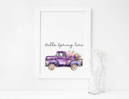 Spring Print, Purple lilac floral truck hello spring Seasonal Illustration (unframed)