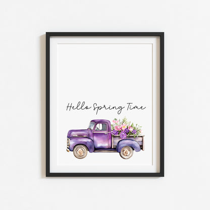 Spring Print, Purple lilac floral truck hello spring Seasonal Illustration (unframed)