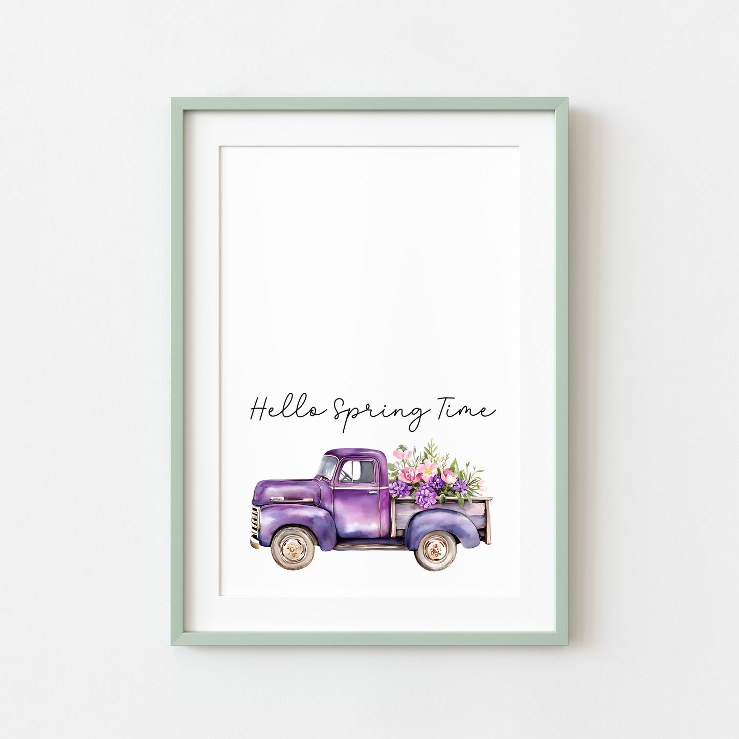 Spring Print, Purple lilac floral truck hello spring Seasonal Illustration (unframed)