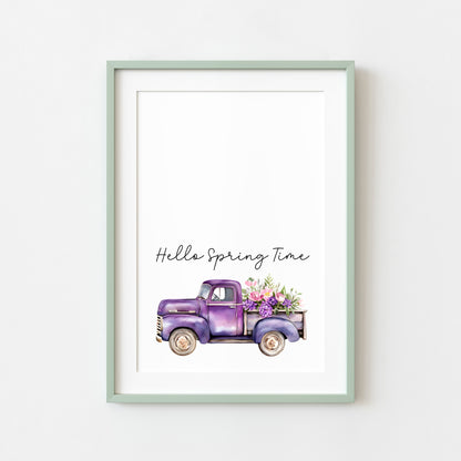 Spring Print, Purple lilac floral truck hello spring Seasonal Illustration (unframed)