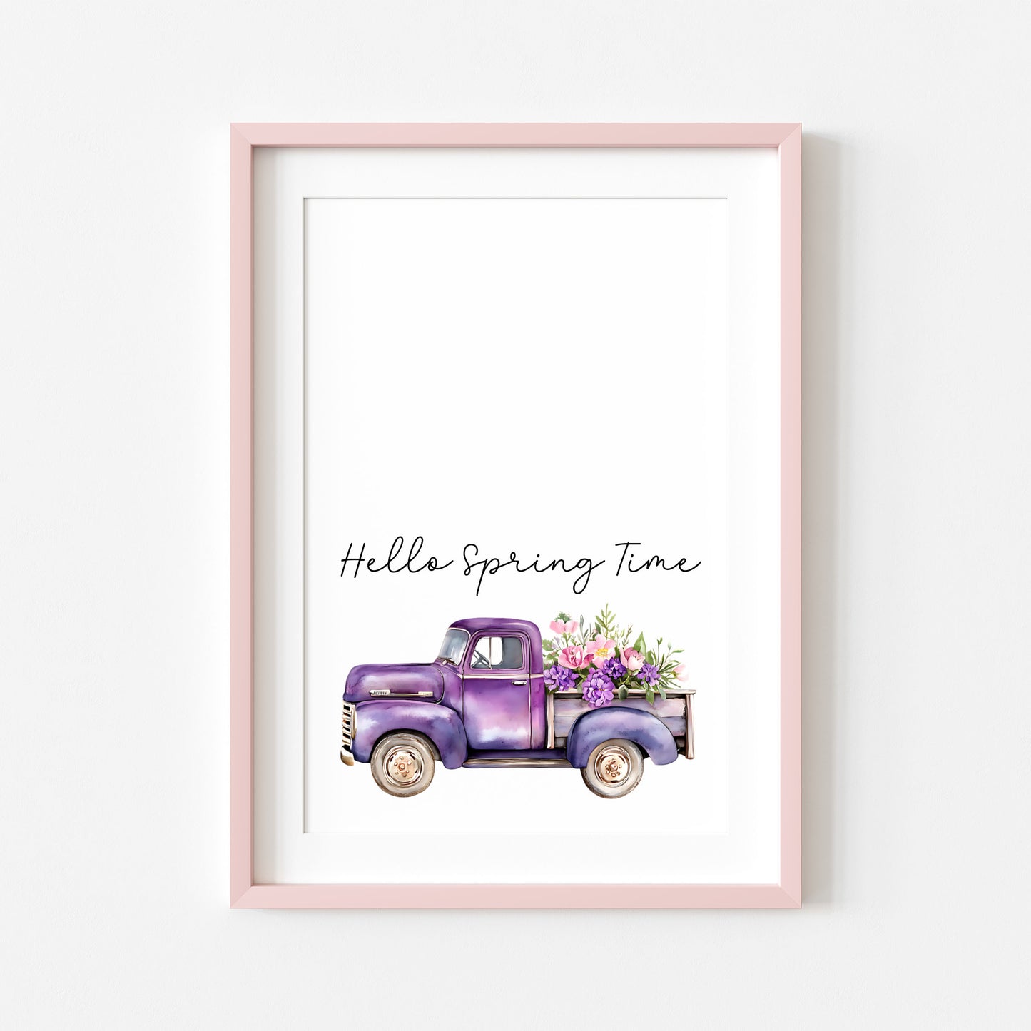 Spring Print, Purple lilac floral truck hello spring Seasonal Illustration (unframed)