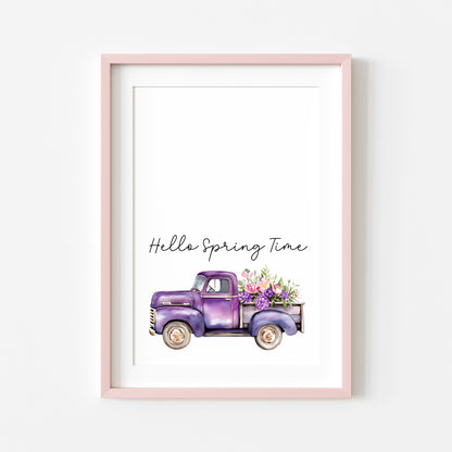 Spring Print, Purple lilac floral truck hello spring Seasonal Illustration (unframed)