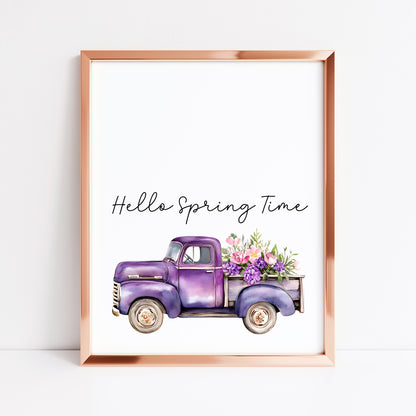 Spring Print, Purple lilac floral truck hello spring Seasonal Illustration (unframed)