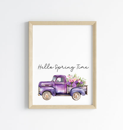 Spring Print, Purple lilac floral truck hello spring Seasonal Illustration (unframed)