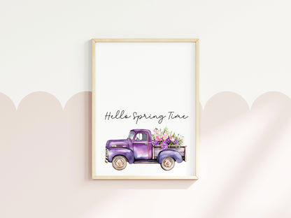 Spring Print, Purple lilac floral truck hello spring Seasonal Illustration (unframed)