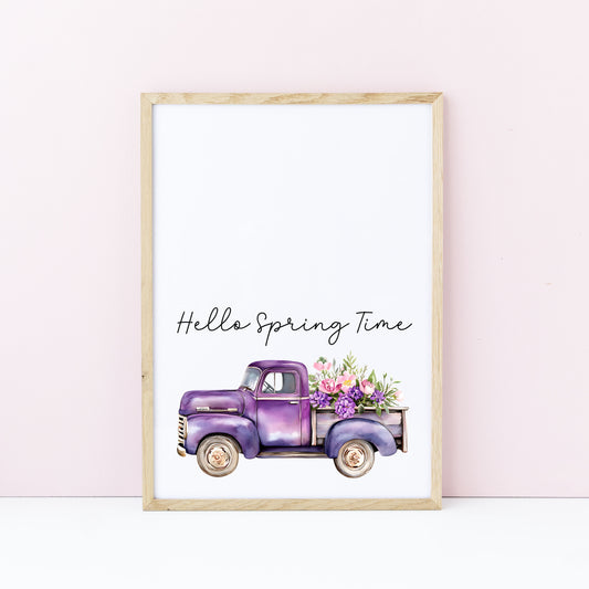 Spring Print, Purple lilac floral truck hello spring Seasonal Illustration (unframed)