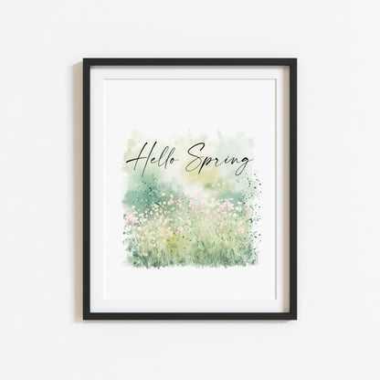 Hello Spring watercolour green & pink field scenery seasonal home bedroom unframed wall art poster print