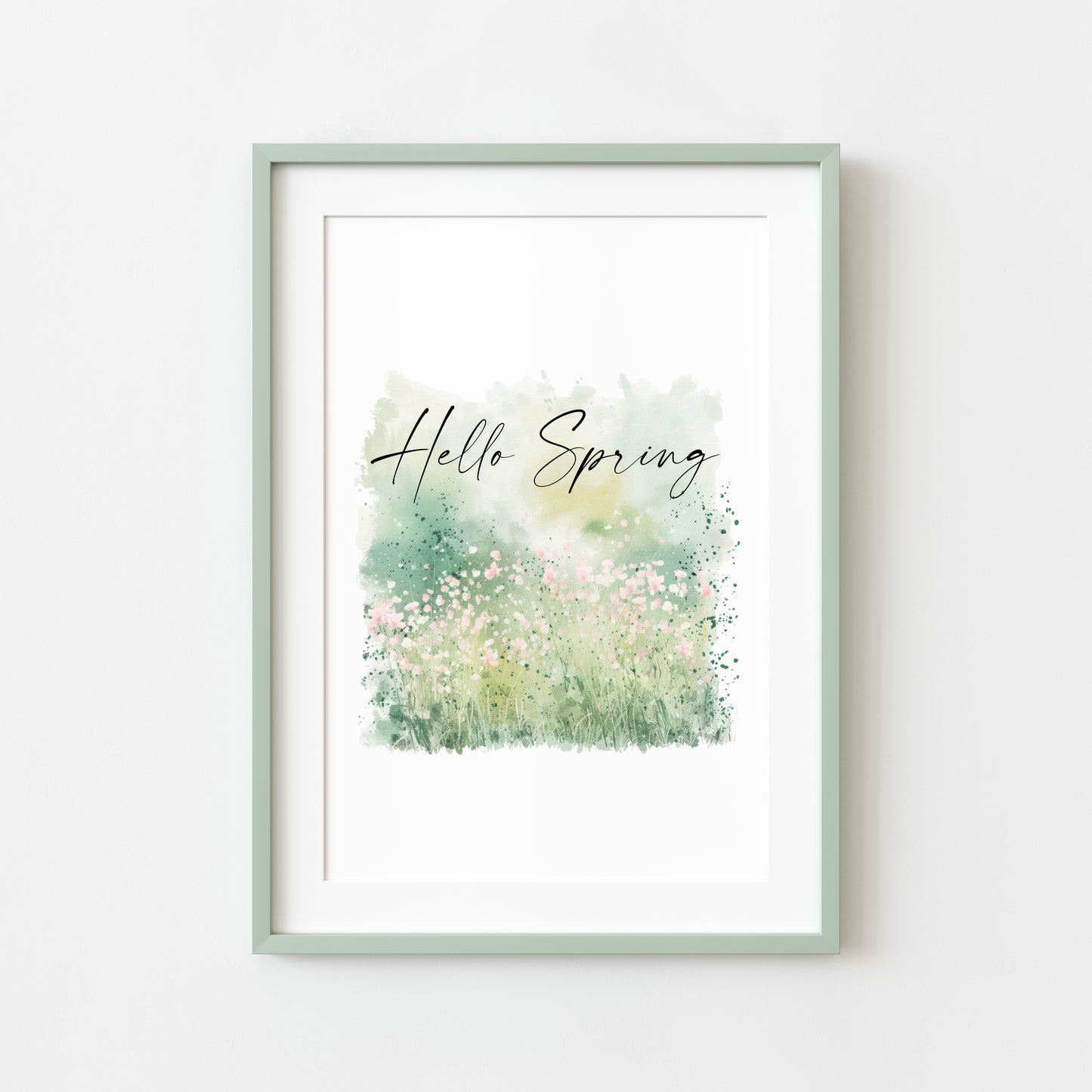 Hello Spring watercolour green & pink field scenery seasonal home bedroom unframed wall art poster print