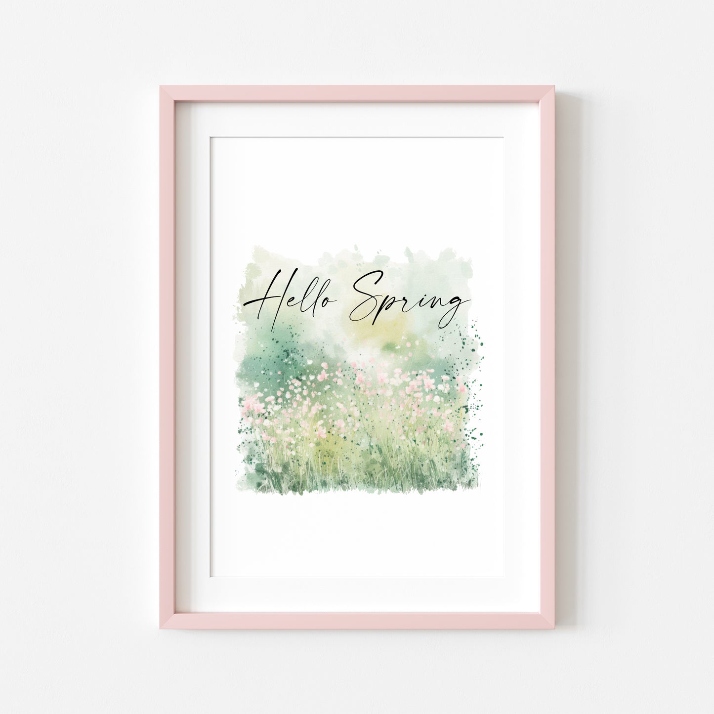 Hello Spring watercolour green & pink field scenery seasonal home bedroom unframed wall art poster print