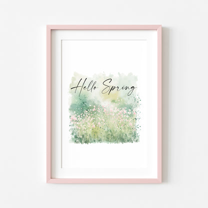 Hello Spring watercolour green & pink field scenery seasonal home bedroom unframed wall art poster print