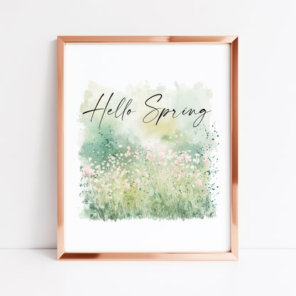 Hello Spring watercolour green & pink field scenery seasonal home bedroom unframed wall art poster print