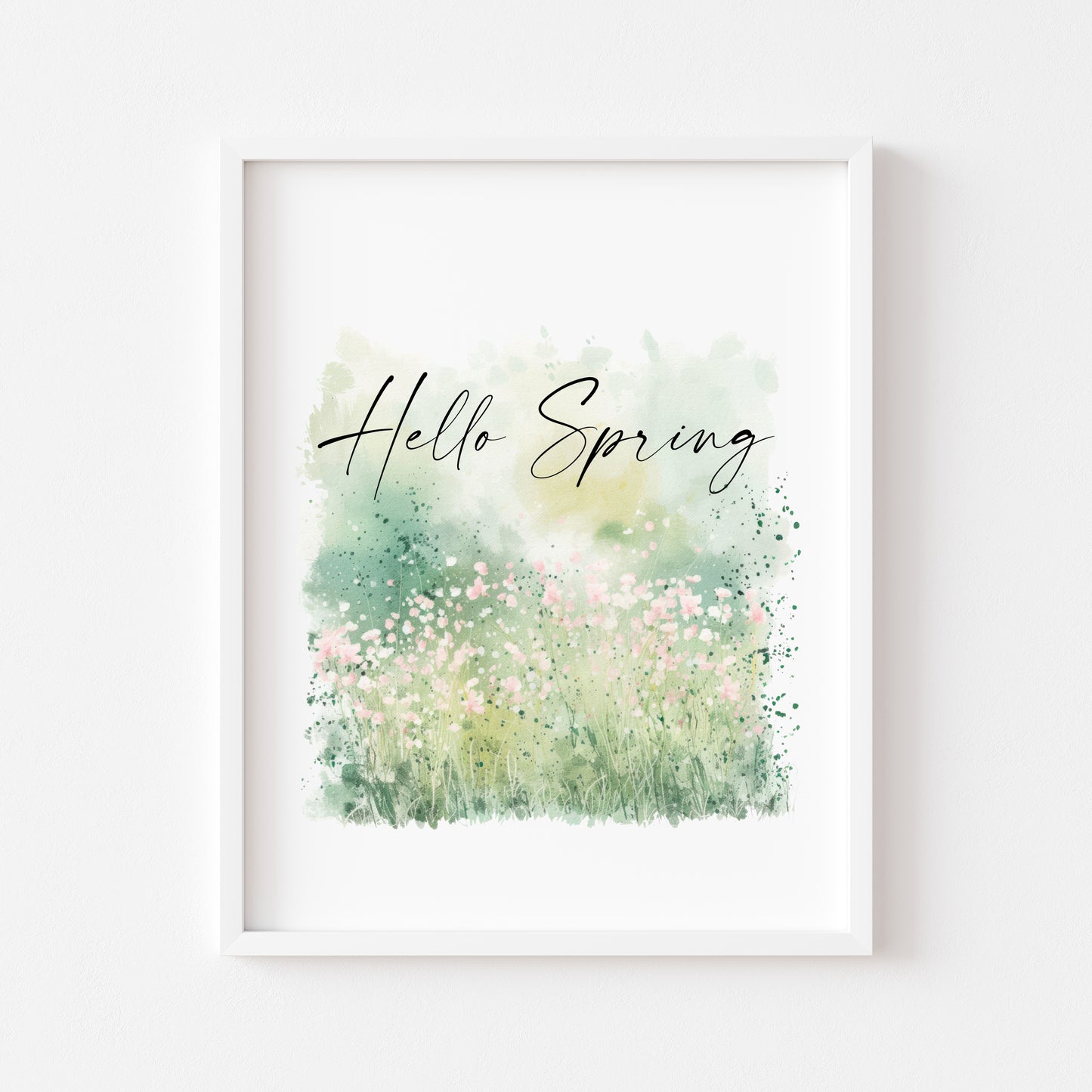 Hello Spring watercolour green & pink field scenery seasonal home bedroom unframed wall art poster print