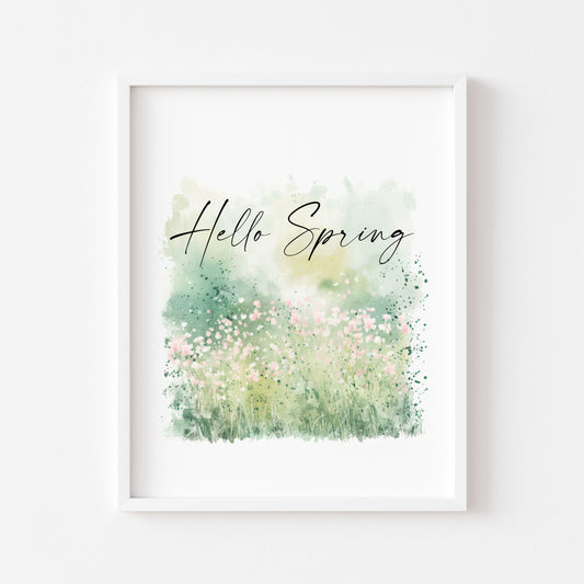 Hello Spring watercolour green & pink field scenery seasonal home bedroom unframed wall art poster print