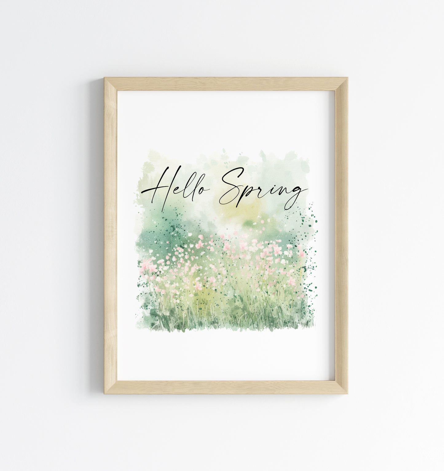 Hello Spring watercolour green & pink field scenery seasonal home bedroom unframed wall art poster print