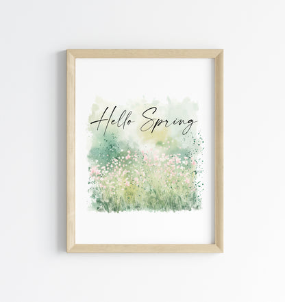 Hello Spring watercolour green & pink field scenery seasonal home bedroom unframed wall art poster print