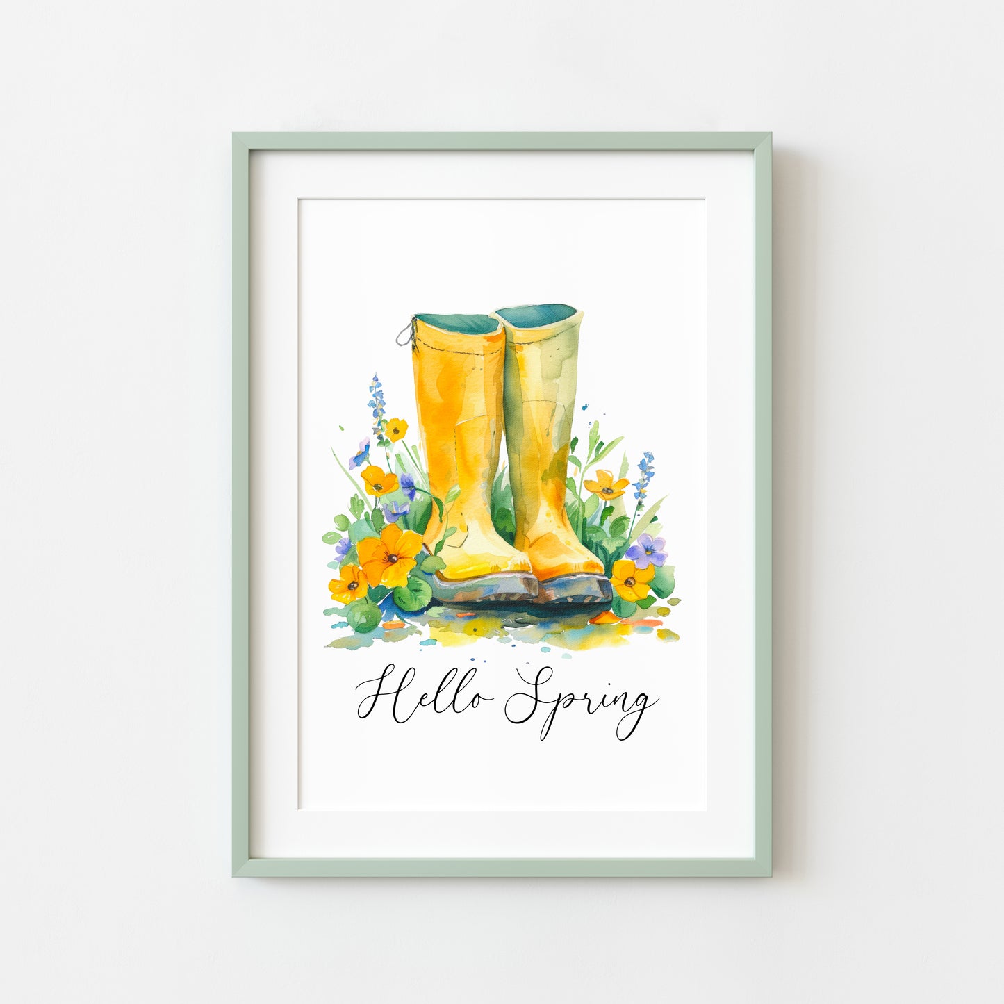 Hello Spring Yellow wellies, welly boots watercolour seasonal home bedroom unframed wall art poster print