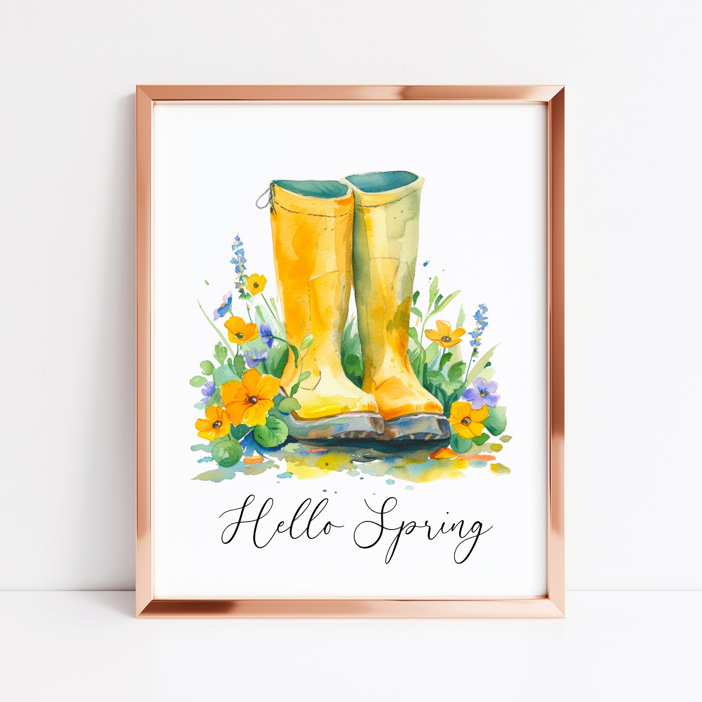 Hello Spring Yellow wellies, welly boots watercolour seasonal home bedroom unframed wall art poster print