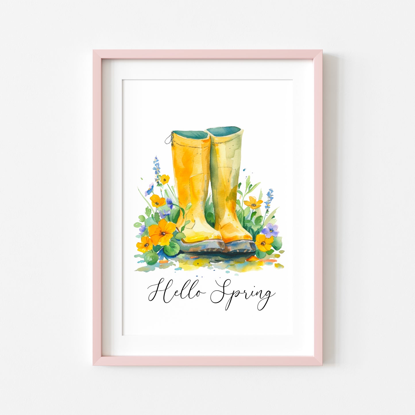 Hello Spring Yellow wellies, welly boots watercolour seasonal home bedroom unframed wall art poster print