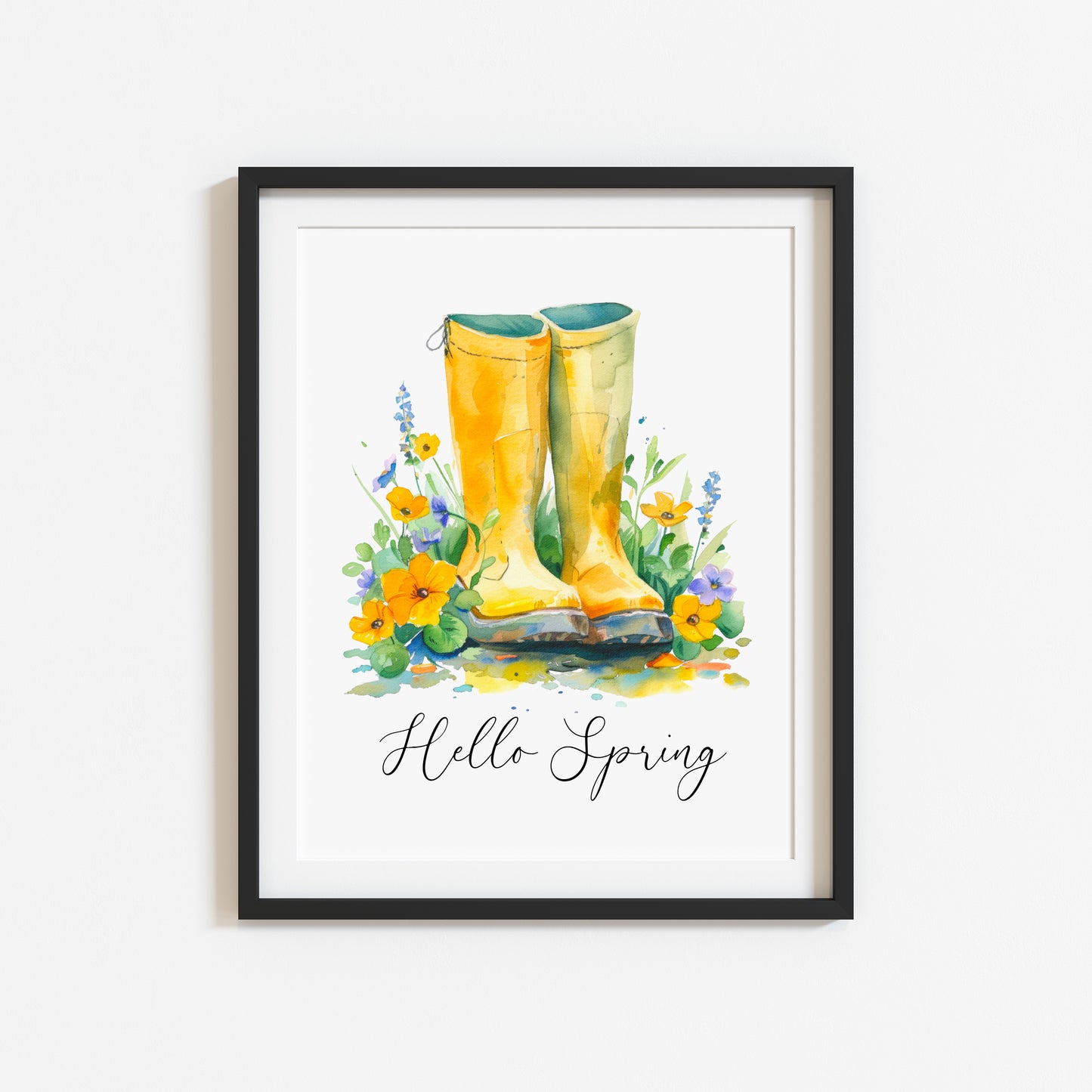 Hello Spring Yellow wellies, welly boots watercolour seasonal home bedroom unframed wall art poster print