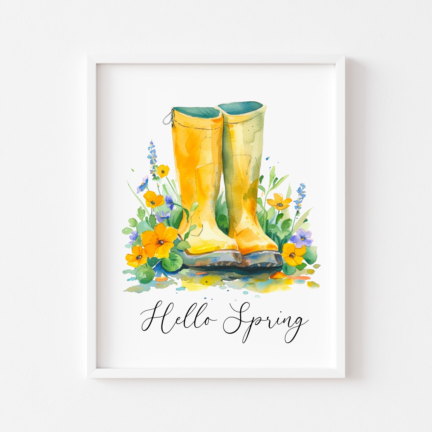 Hello Spring Yellow wellies, welly boots watercolour seasonal home bedroom unframed wall art poster print