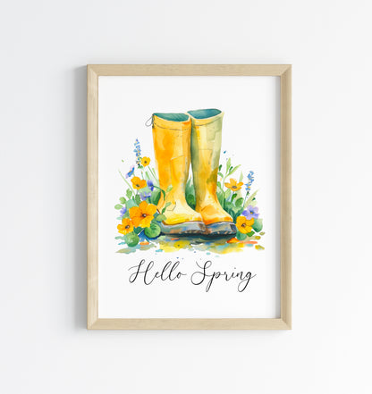 Hello Spring Yellow wellies, welly boots watercolour seasonal home bedroom unframed wall art poster print