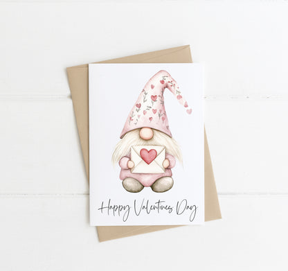 Valentines Day Card, cute gonk gnome pink and red love letter hearts couples valentines bestie seasonal card & envelope,kraft brown or white