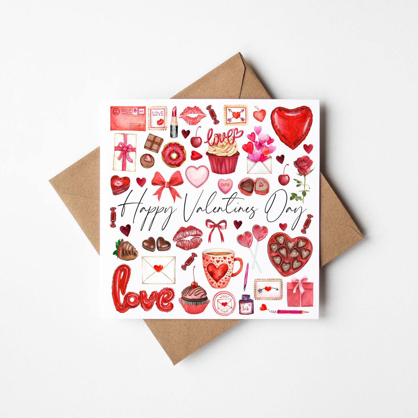 Valentines card, mood board pink red style watercolour Valentines day with Envelope