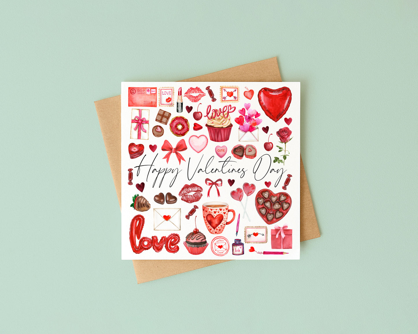 Valentines card, mood board pink red style watercolour Valentines day with Envelope