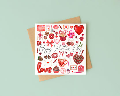 Valentines card, mood board pink red style watercolour Valentines day with Envelope