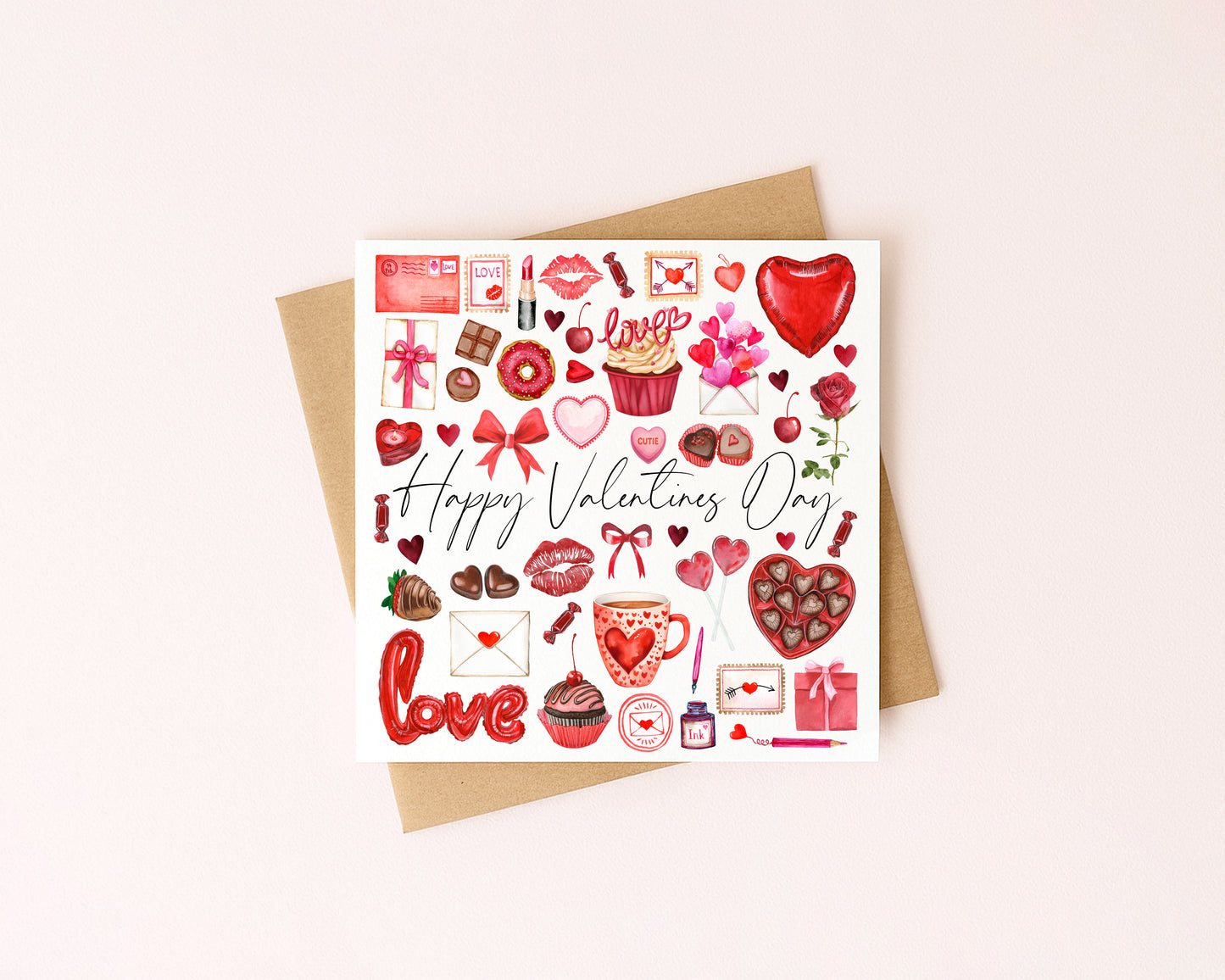 Valentines card, mood board pink red style watercolour Valentines day with Envelope