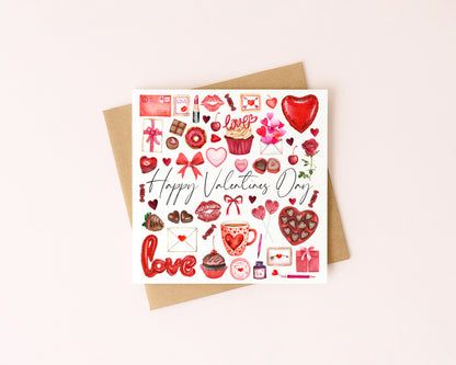 Valentines card, mood board pink red style watercolour Valentines day with Envelope